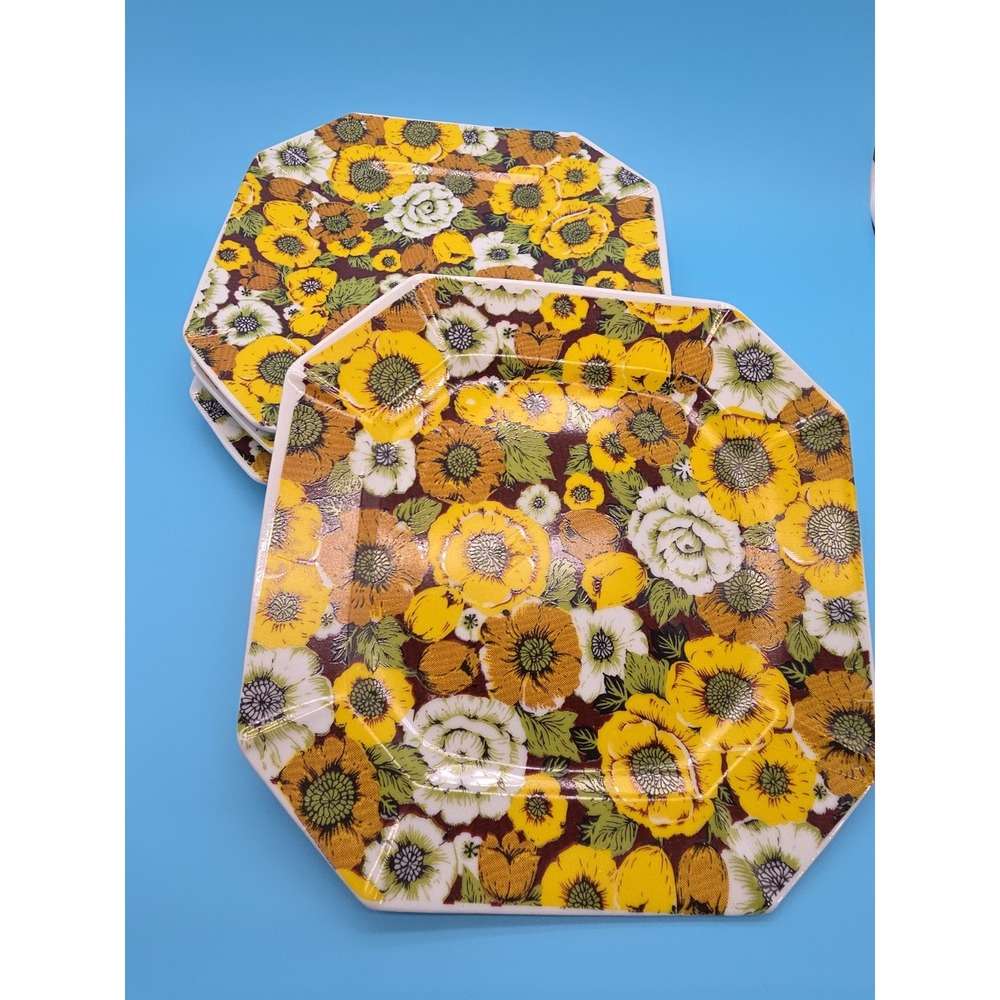 Set Of 4 Enesco Plates 70s Vibes Desert Salad Plates 7.5" Floral Yellow Brown